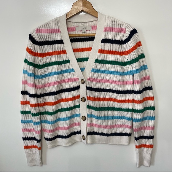 LOFT Sweaters - LOFT Summer Striped V-Neck Button Down Cardigan with Multi-Color Stripes, size M